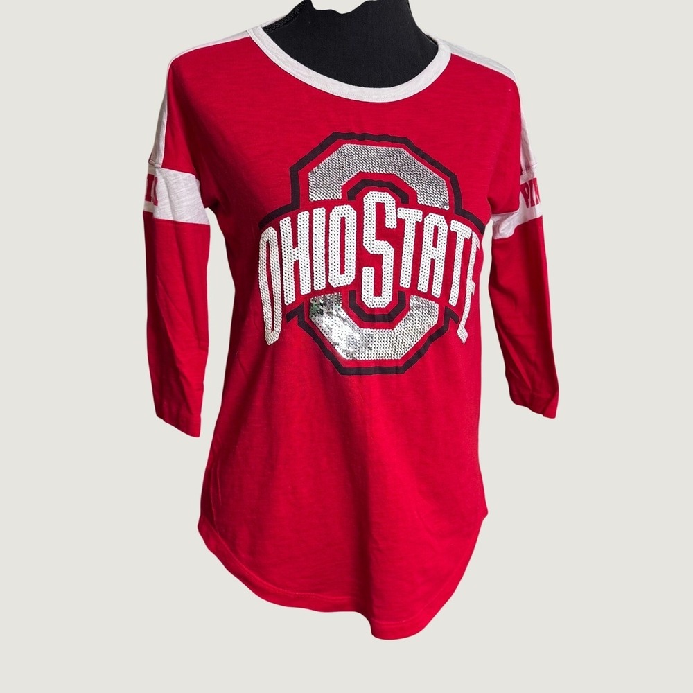 PINK Victoria's Secret Y2K Ohio State Buckeyes Sequin Long Sleeve Tee Red XS